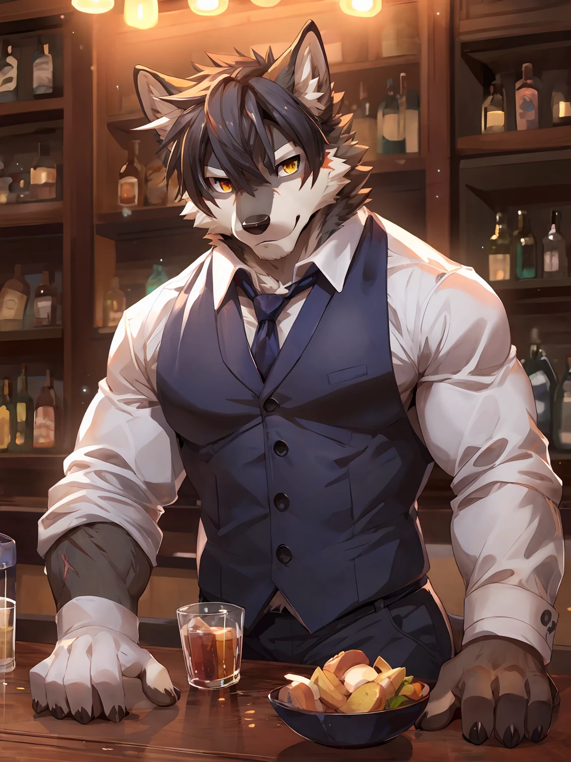embedding:Gray wolf,Golden Eyes,Single Person,Bar,Bartender.a scar on the face.Gray fur,Soft Light,Bar counter,ease,Bartender's uniform,An ear with one corner missing,Adult male,Handsome,Smart,Best quality hands, best quality eye,detailed fur,Delicate eyes.Extreme picture quality,by sollyz,by zixiong,by null_ghost