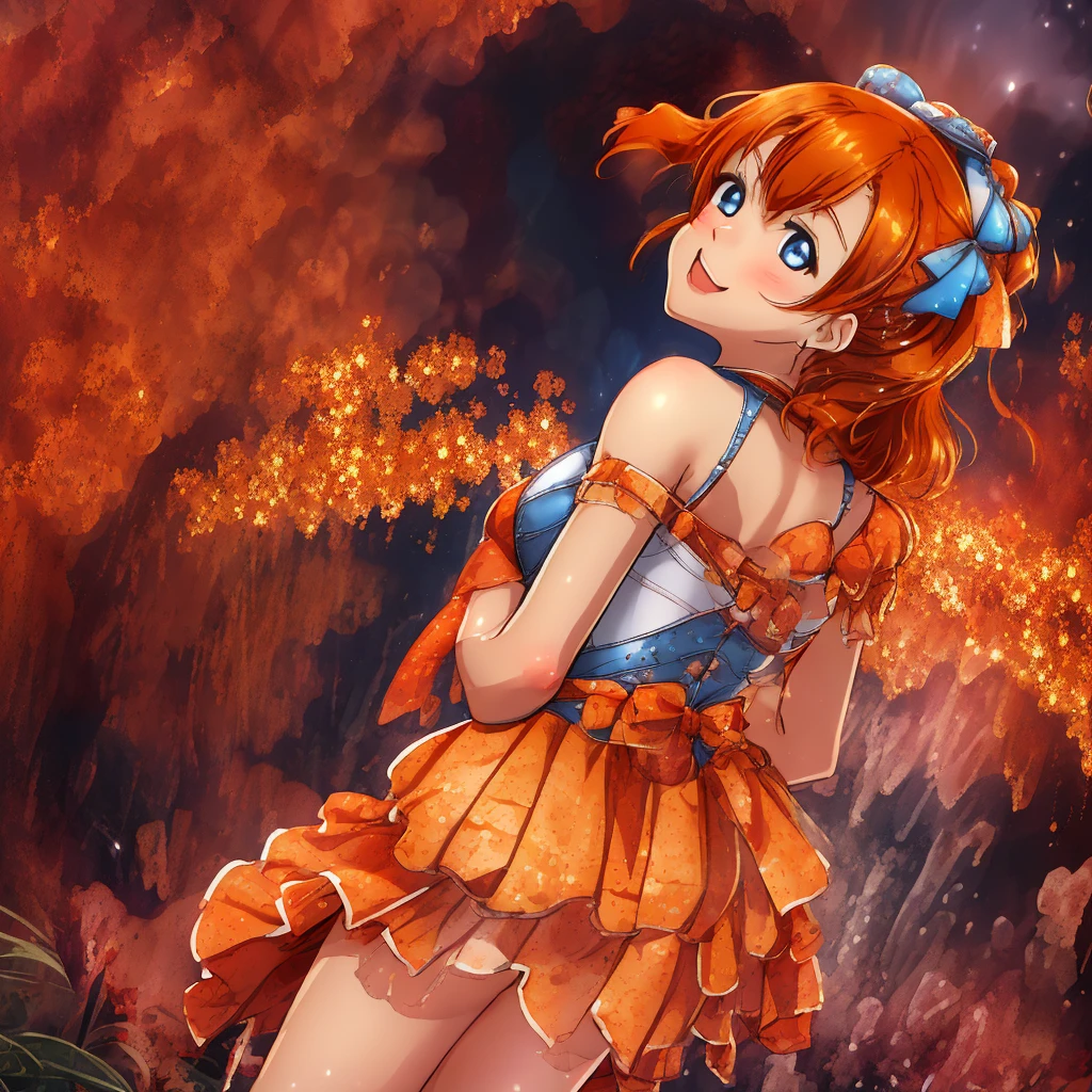 masterpiece, best quality, cowboy shot, from behind, looking back,wallpaper, kousaka honoka,orange hair , blue eyes, ((short silver bodycon dress)), strapless,latex, cute smile , hair ornaments, (curvy body), standing for interview,red carpet