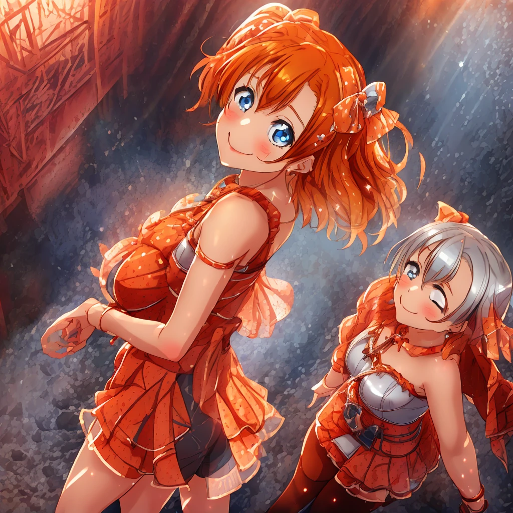 masterpiece, best quality, cowboy shot, from behind, looking back,wallpaper, kousaka honoka,orange hair , blue eyes, ((short silver bodycon dress)), strapless,latex, cute smile , hair ornaments, (curvy body), standing for interview,red carpet