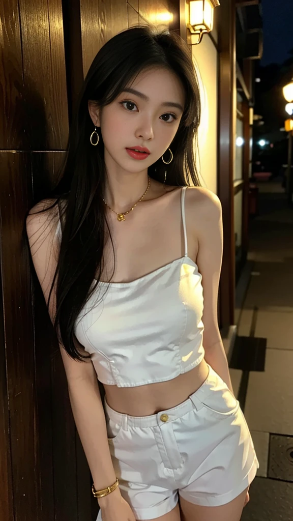 one girl,Beutiful women, In a corner of Kyoto,At night,Wearing a white camisole,long hair, wear a golden necklace,Wear silver earrings,Wear a gold bangle