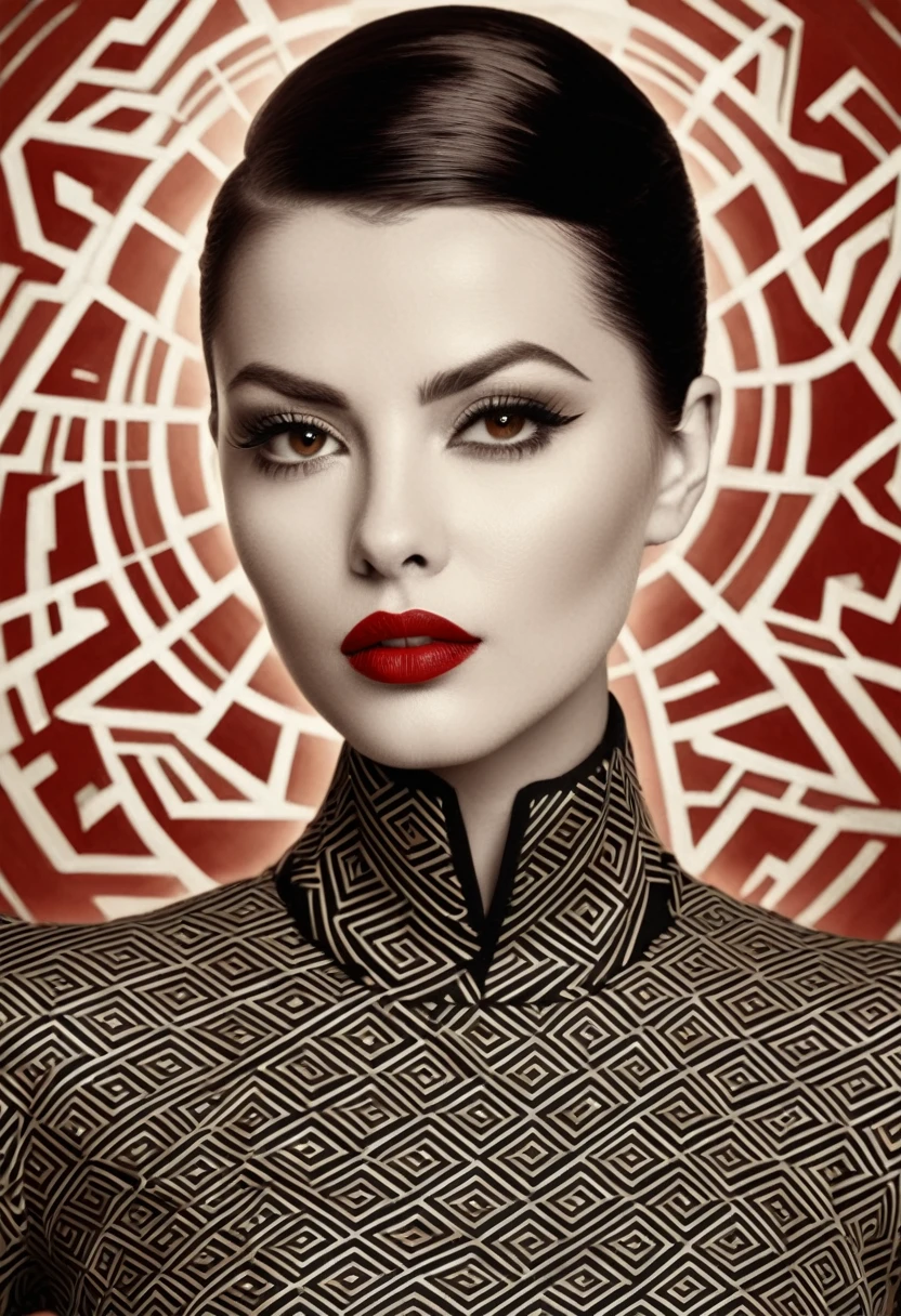 A Sepia portrait of a woman with a striking appearance. She has a sleek hairstyle, sharp eyeliner, and bold red lipstick. Her gaze is intense, directed towards the viewer. The background features geometric patterns, possibly representing architectural or artistic designs. The woman is wearing a high-necked outfit, and there's a watermark at the bottom indicating the image is from 'Aleksa Torri' and is associated with 'Women's Health' magazine., photo, painting, fashion, portrait photography, cinematic, illustration, poster