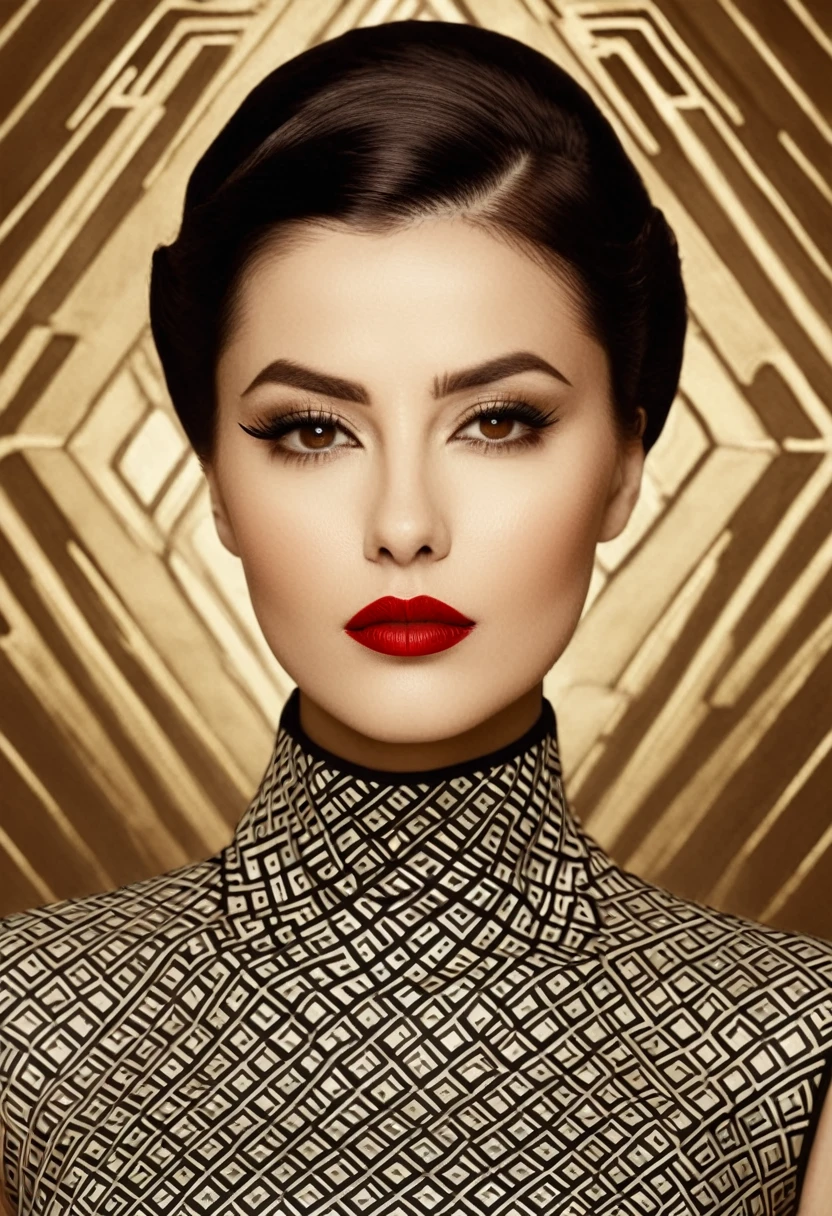 A Sepia portrait of a woman with a striking appearance. She has a sleek hairstyle, sharp eyeliner, and bold red lipstick. Her gaze is intense, directed towards the viewer. The background features geometric patterns, possibly representing architectural or artistic designs. The woman is wearing a high-necked outfit, and there's a watermark at the bottom indicating the image is from 'Aleksa Torri' and is associated with 'Women's Health' magazine., photo, painting, fashion, portrait photography, cinematic, illustration, poster