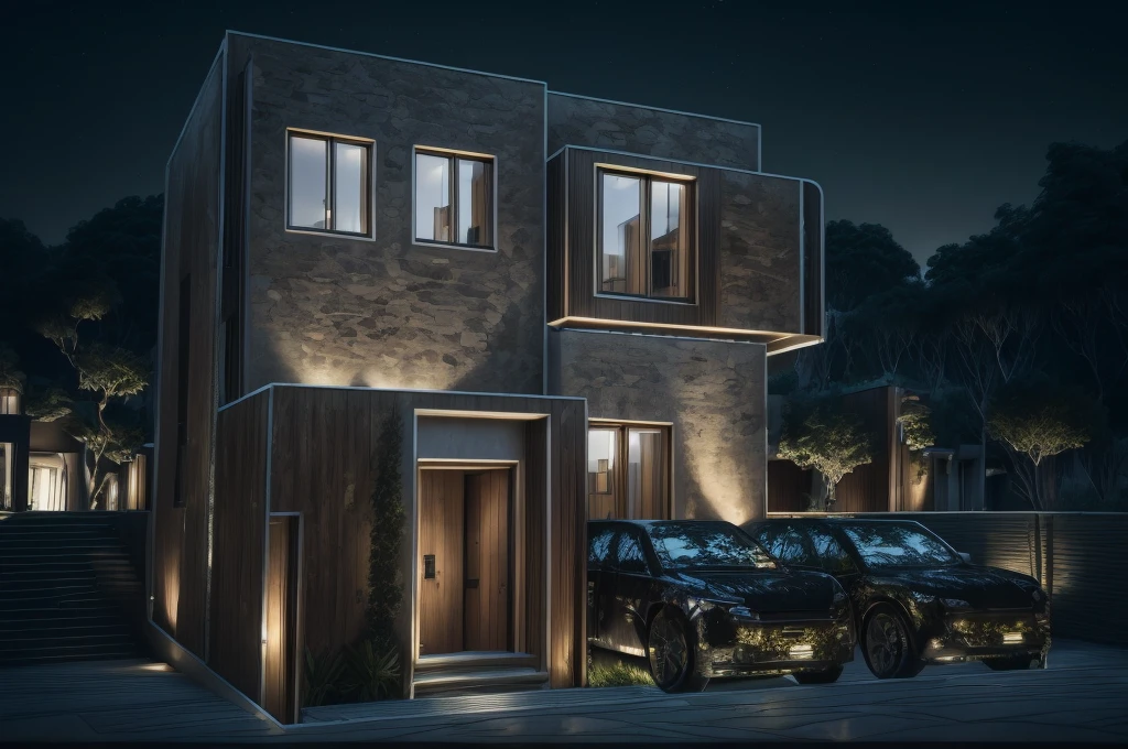 photorealistic, modern house,facade,modern,512k,high detailed, photoreal, award winning, large glass window on the right side, grass, plants, trees, evening, interior lights,(( travertine stone façade)) two cars in porch, wooden door entrance, steps marble,
award winning, extremely detailed,