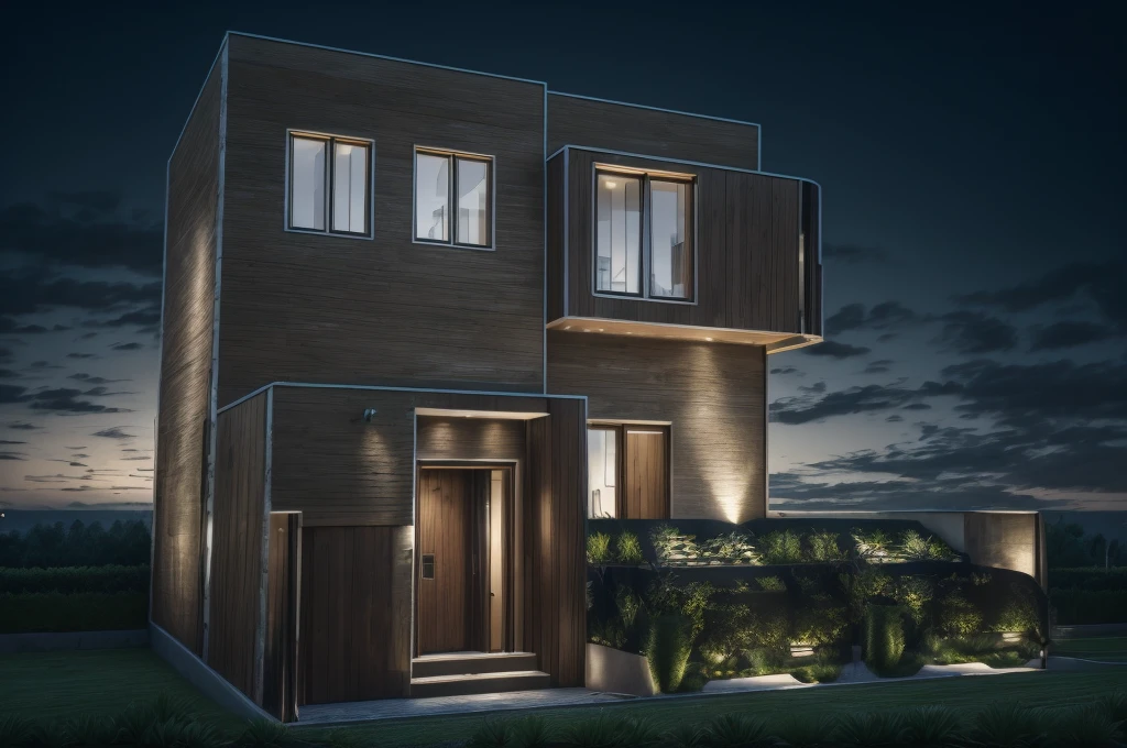 photorealistic, modern house,facade,modern,512k,high detailed, photoreal, award winning, large glass window on the right side, grass, plants, trees, evening, interior lights,(( travertine stone façade)) two cars in porch, wooden door entrance, steps marble,
award winning, extremely detailed,