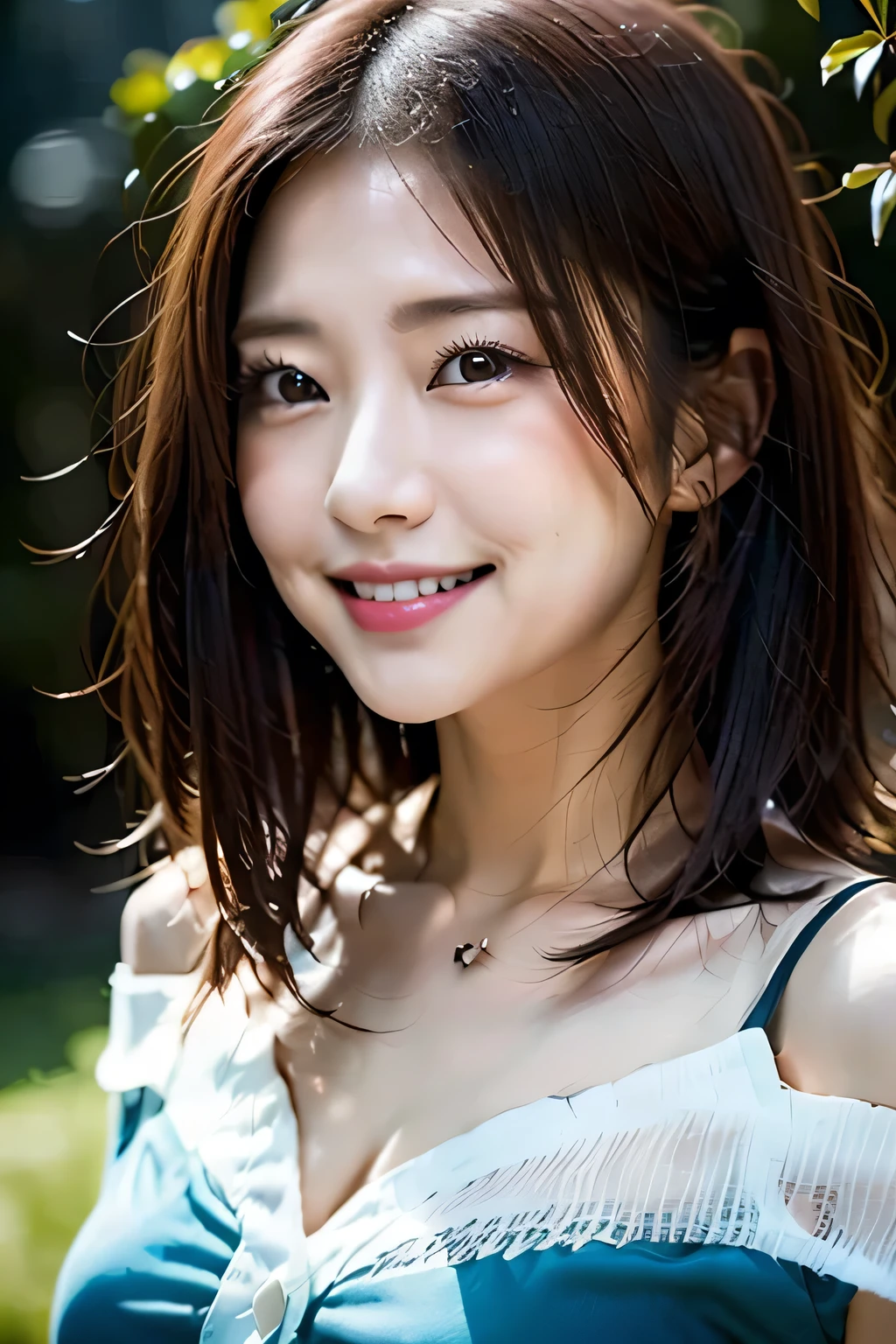 (((Expressing happiness through facial expressions:1.3))).Beautiful woman,Nice face,Very bright smile, Clothing that emphasizes cleavage,Off the shoulder,White shirt,White pants,Looking at the audience,whole body,From above,look up,Beautiful Hands,Enjoy a walk in the park,
(Reddish brown wet shiny short messy hair),Blushing cheeks,Pointed red mouth,Big Breasts,Accentuate your breasts,Perfect body curves,Beautiful clavicle,Wet Hair,Wet Face,Wet body,Wet Skin,Wet costume,Detailed clothing features,Detailed hair features,Detailed facial features,Looking at the camera,(Dynamic Angle),(Dynamic and sexy pose),Cinematic Light,(Pieces fly,Highest quality,Ultra-high resolution output images,Written boundary depth,Intricate details,The contrast of light and shadow makes the subject appear three-dimensional,) ,Digital single-lens reflex camera, (Photorealistic:1.3),(8K quality,Anatomically correct facial structure,),,(Picture Mode Ultra HD,)