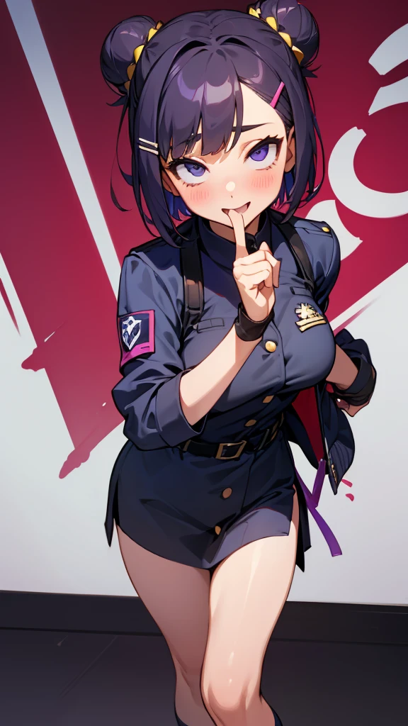 Top Quality, 8K, 4K, High Definition, Detail, (better-quality, 8K, 12), top-quality, 1 girl、purple short bob hair clip tied into a bun、black eyeedium breasts、uniform、gray jacket with pink line, fingerless gloves、thighs、Ilcha fousing on her, surprise face, having her hands her face, making cute surprise expressing. picture pose, she is standing up, she has a loil pop in her mouth, (she up close only showing face and her chest.)