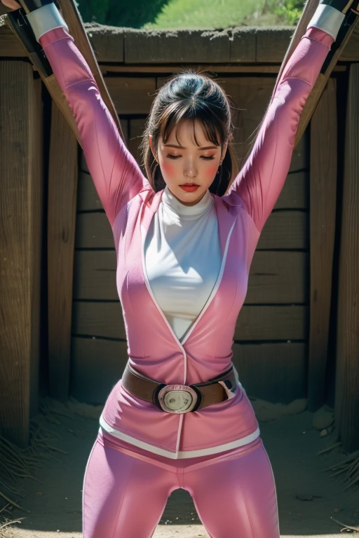 pink theme，pink ranger suit、curvy, big breats, full body, tied on Saint Andrew's cross in X position, screaming in pain, crying, eyes are closed tight