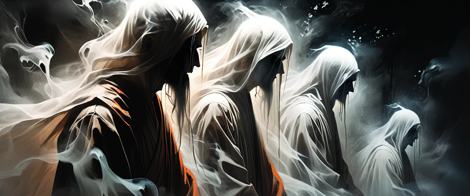 ((side view):2),close up portrait of line ghosts of Buddhist monks, many ghosts, without faces, shadows, night, jungle, fog, opened mouth,  graphic style of novel comics,dark novel style, comic, 2d, 8k, hyperrealism, masterpiece, high resolution, best quality, ultra-detailed, super realistic, Hyperrealistic art, high-quality, ultra high res, highest detailed, lot of details, Extremely high-resolution details, incredibly lifelike, colourful, soft cinematic light,