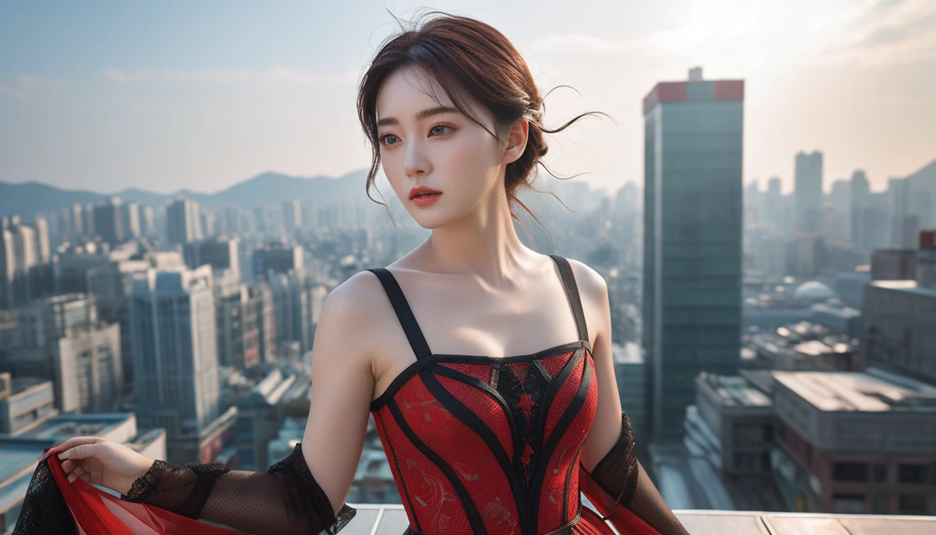 (1 woman:1.3), alone, ((Very detailed face)), ((very detailed 눈과 얼굴)))), beautiful 디테일의 눈, body parts, official art, Integrated 8K wallpaper, very detailed, beautiful and beautiful, beautiful, masterpiece, best quality, original, masterpiece, very nice photo, best quality, ultra high resolution, realistic realism, sunlight, full body portrait, amazing beauty, dynamic pose, delicate face, lively eyes, (from the front), she wears a dress, red and black color scheme, very detailed 도시 지붕 배경, rooftop, city view, detailed face, Detailed complex busy background, very cool, milk white, very detailed 피부, realistic skin details, visible pores, clear focus, 8k upscale, dslr, high quality, film grain, fair skin, photo realism, lomography, Futuristic dystopian megacity, transparent