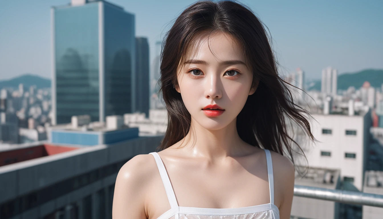 (1 woman:1.3), alone, ((Very detailed face)), ((very detailed 눈과 얼굴)))), beautiful 디테일의 눈, body parts, official art, Integrated 8K wallpaper, very detailed, beautiful and beautiful, beautiful, masterpiece, best quality, original, masterpiece, very nice photo, best quality, ultra high resolution, realistic realism, sunlight, full body portrait, amazing beauty, dynamic pose, delicate face, lively eyes, (from the front), she wears a dress, red and black color scheme, very detailed 도시 지붕 배경, rooftop, city view, detailed face, Detailed complex busy background, very cool, milk white, very detailed 피부, realistic skin details, visible pores, clear focus, 8k upscale, dslr, high quality, film grain, fair skin, photo realism, lomography, Futuristic dystopian megacity, transparent