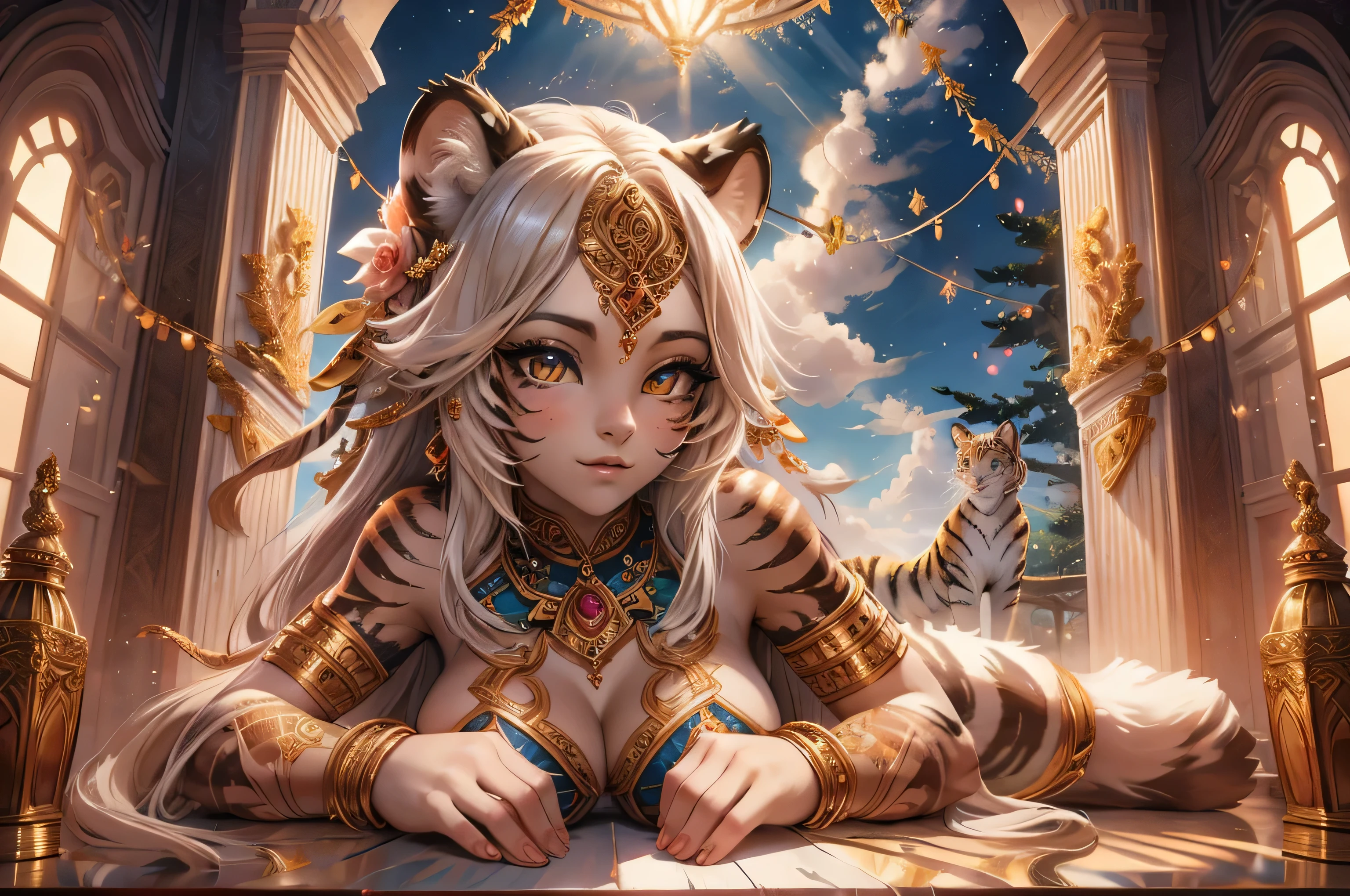 [intricate and detailed masterpiece of a goddess], the goddess is of human-feline race, she is adorned with intricate tiger tattoos, (accompanied by her faithful white tiger companion) in a heavenly place.