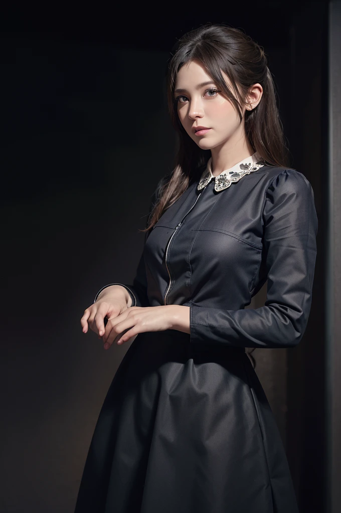(front focus), (in the dark:1.6), Hyperrealist portrait of female by david hockney and alphonse mucha, fantasy art, photo realistic, dynamic lighting, artstation, poster, volumetric lighting, very detailed faces, 4 k, award winning, 1girl, in the dark, deep shadow, low key, cowboy shot, (official clothing:1.4), medium hair, white hair