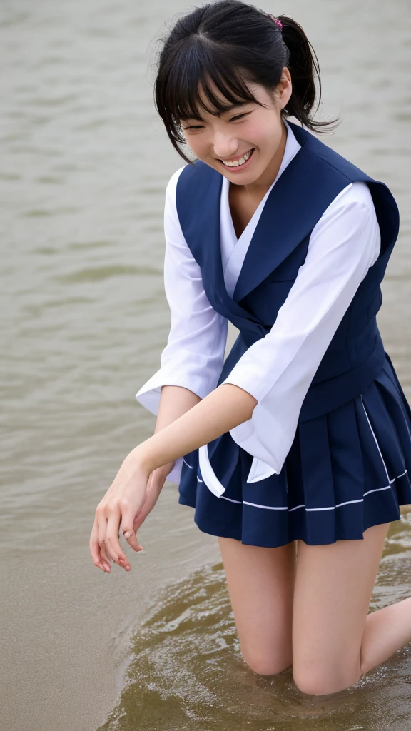 (((Ultra-high resolution、Every detail countasterpiece:1.4、Cute Japanese Woman)))、The seaside dyed in the sunset、Playing in the water alone、Cute Japanese 、Straight black hair up to the shoulders、Bangs cut above the eyes、Wearing traditional Japanese uniform、Sailor top with white collar and navy blue lines、Wearing a navy blue pleated skirt、A red scarf on the chest of the top、Smiling happily、Playing alone on the beach、The sleeves of the uniform were rolled up to the elbows.、The hem of my skirt is also a little wet.、barefoot、Her little white feet bounce a little every time they touch the sand and water.、There's sand on my toes、They enjoy the feeling of sand every time the water subsides.、Scooping up seawater with your hands and throwing it back into the waves、The expansive blue sea and sandy beach、Beautiful sky dyed in sunset、A small island in the distance々、There are small shells and driftwood on the shore.、School bag on the sand、Shoes and socks neatly arranged、Relaxing after school、Fun memories at the end of summer
