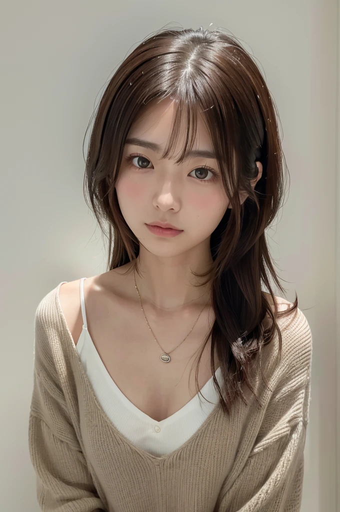 (Highly realistic photos, High resolution, Detailed face, Fine grain), ((Photographed in front of a white wall))、Japanese women, 20-year-old, A variety of expressions, alone:1, Slim figure, Various hairstyles, Casual clothing, 写真の中でalone、Selfie、Photographed in natural light、Simple Necklace、Spring Clothes、Looking at the camera、profile、Dark brown hair color、The chest is visible,