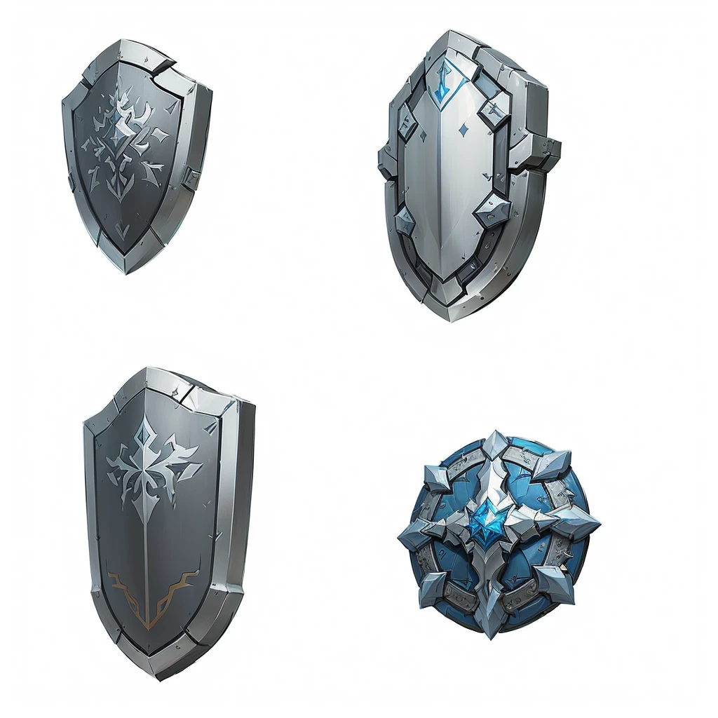 a close up of four shield with different designs on them, shieldデザイン, shield, hard edges Concept Art, Weapon Concept Design, armor elements, Concept Arts, stylized Concept Art, object Concept Art, shield, game Concept Art, ファンタジーshield, weapons Concept Art, RPG Game Items, Weapon Design, Concept Art, Concept Art, Prop Design, Game Assets