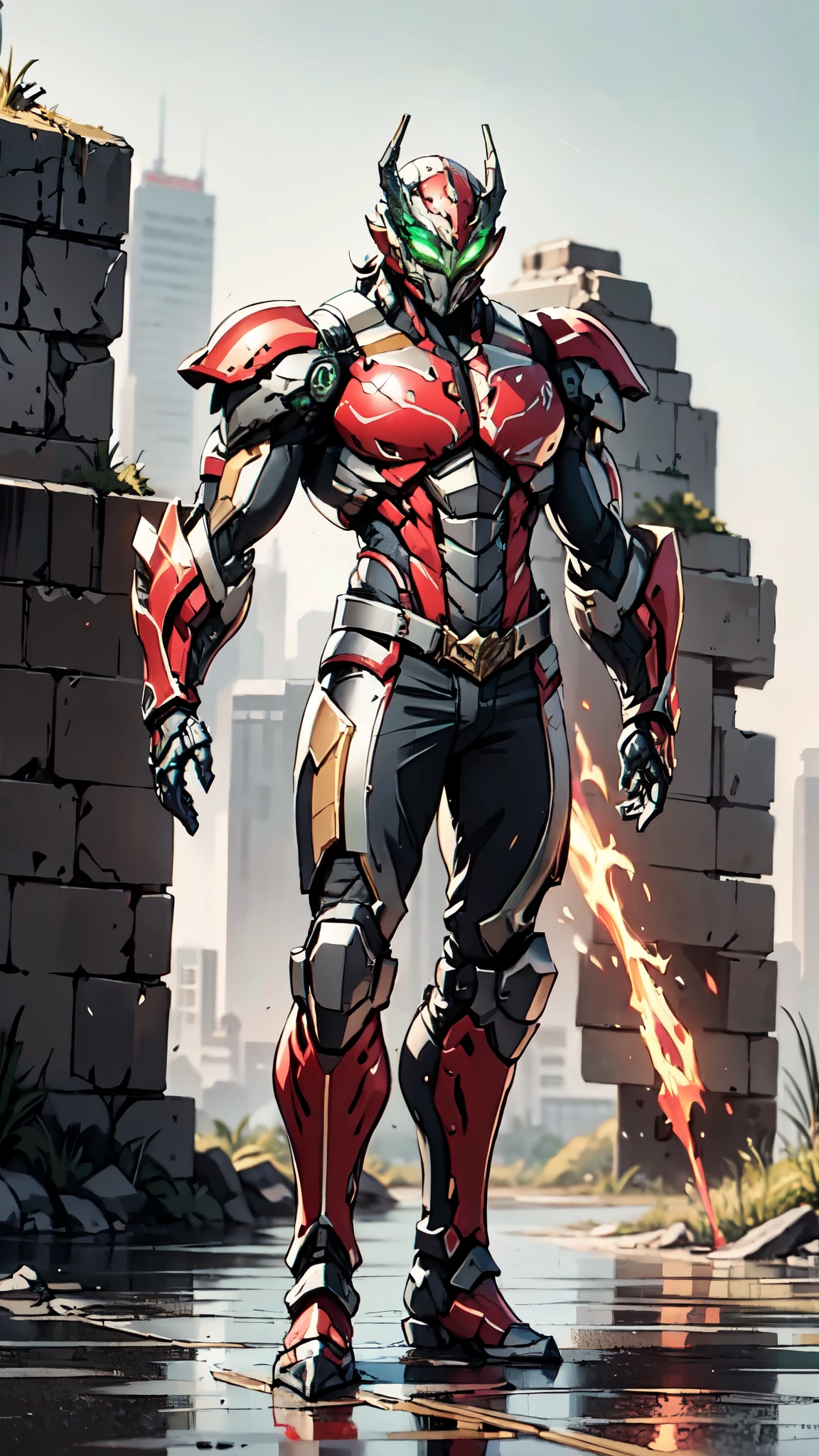 A man wearing a full-face helmet, a fantasy-style biotech armored combat suit, green eyes, (a composite layered chest armor), fully enclosed shoulder guards, matching arm and leg guards, the belt is adorned with dragon claw grasping orbs, (the color scheme is primarily black with red accents), the design balances heavy with agility, a high-tech bio-mecha armor, (Armor Concept Inspired by Dragons, stand on the top of a skyscraper in a futuristic sci-fi city), this character embodies a finely crafted fantasy-surreal style armored hero in anime style, exquisite and mature manga art style, (element, plasma, energy, the armor glows), ((male:1.5)), metallic, real texture material, dramatic, high definition, best quality, highres, ultra-detailed, ultra-fine painting, extremely delicate, professional, perfect body proportions, golden ratio, anatomically correct, symmetrical face, extremely detailed eyes and face, high quality eyes, creativity, RAW photo, UHD, 32k, Natural light, cinematic lighting, masterpiece-anatomy-perfect, masterpiece:1.5