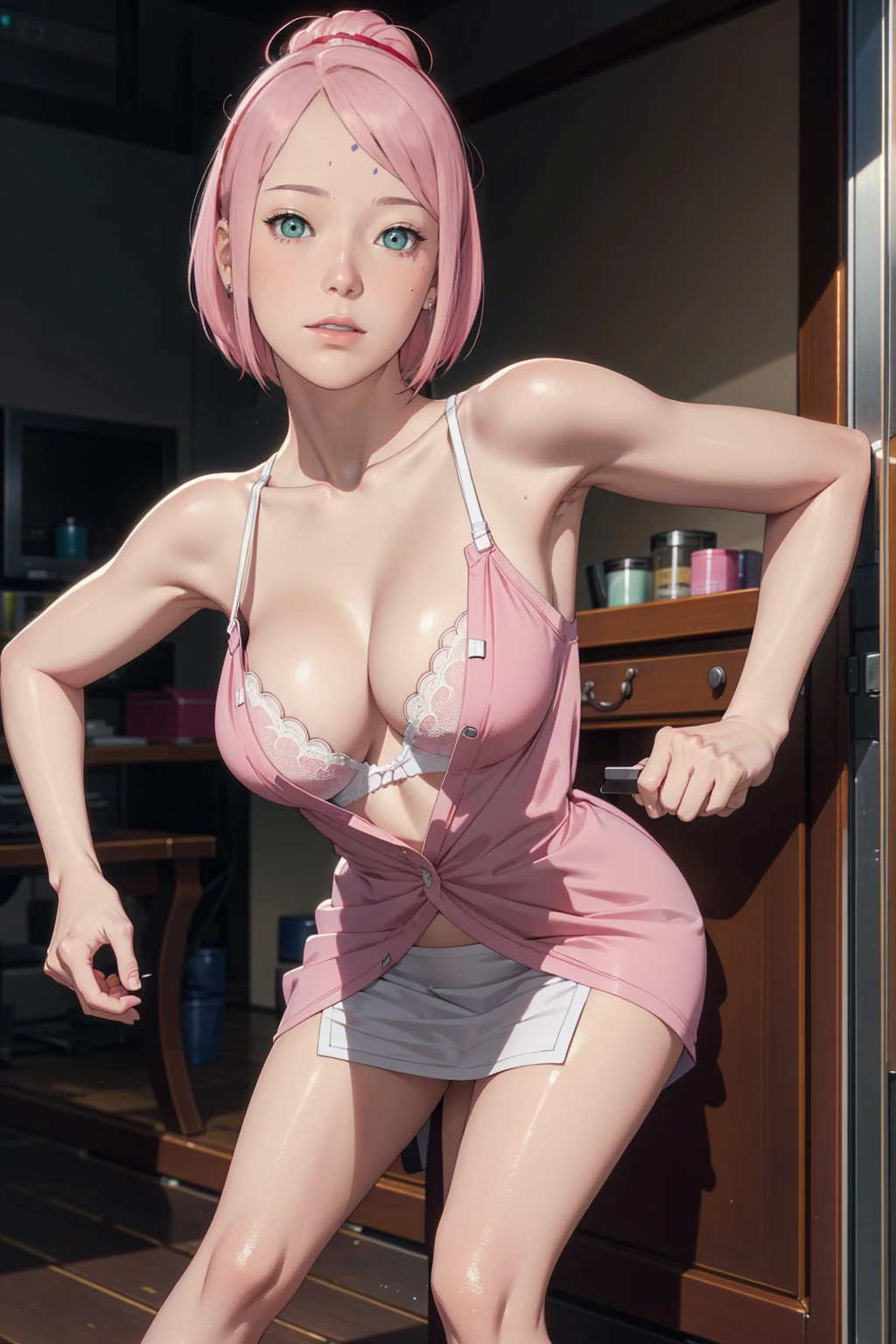 masterpiece, absurdres, sakura\(boruto\), 1girl, solo,mature female, detailed white bra lenjerie, detailed white thong lenjerie, using detailed sexy skirt, open skirt, open clothes, sexy skirt), perfect composition, detailed lips, breast, beautiful face, body propotion, blush, (pink lips), short hair,  green eyes,  soft gaze,  super realistic, detailed, photoshoot, realistic face and body, thighhighs, full body, erotic pose, provocative pose, waiting sex pose