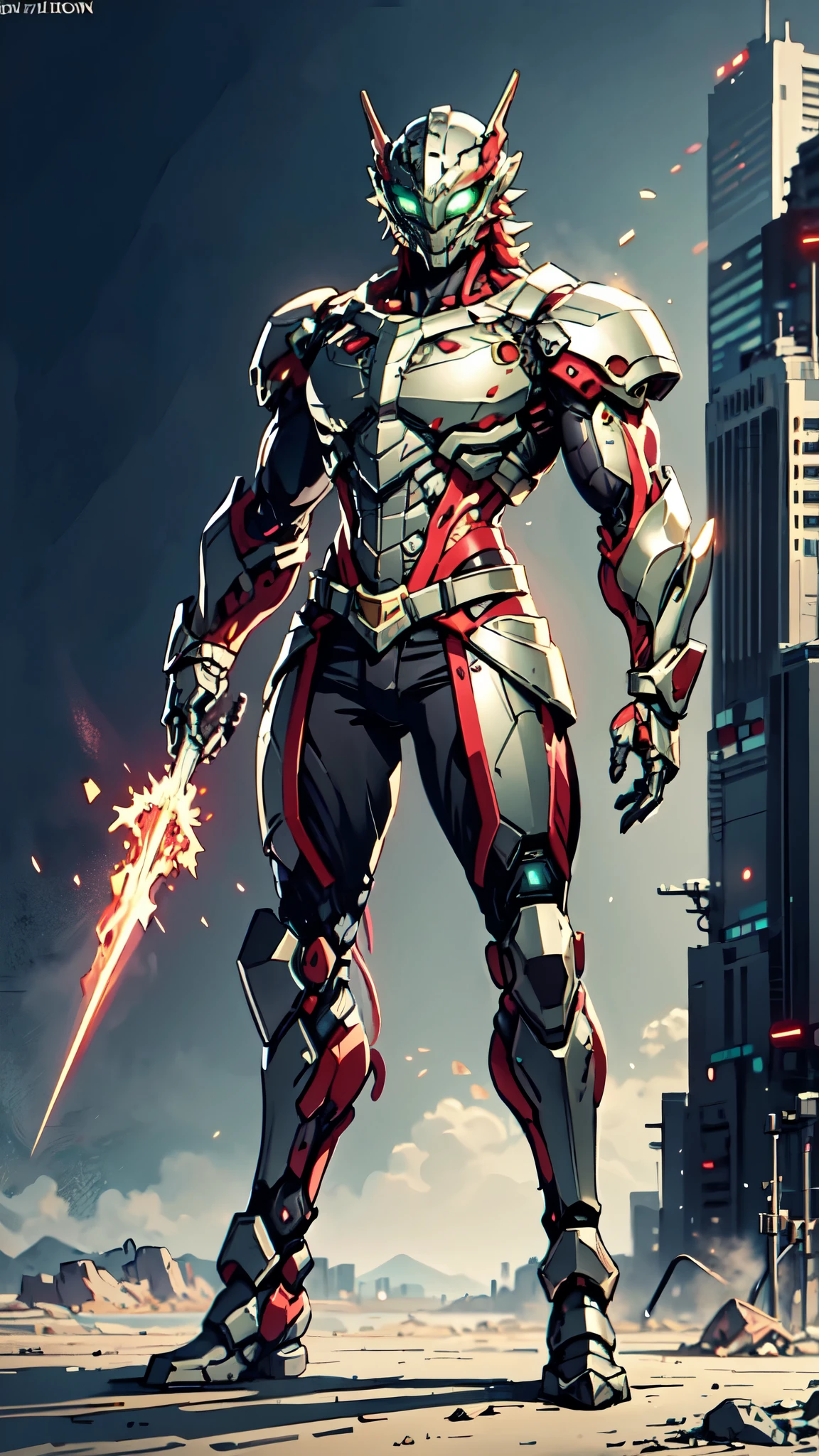 A man wearing a full-face helmet, a fantasy-style biotech armored combat suit, green eyes, (a composite layered chest armor), fully enclosed shoulder guards, matching arm and leg guards, the belt is adorned with dragon claw grasping orbs, (the color scheme is primarily black with red accents), the design balances heavy with agility, a high-tech bio-mecha armor, (Armor Concept Inspired by Dragons, stand on the top of a skyscraper in a futuristic sci-fi city), this character embodies a finely crafted fantasy-surreal style armored hero in anime style, exquisite and mature manga art style, (element, plasma, energy, the armor glows), ((male:1.5)), metallic, real texture material, dramatic, high definition, best quality, highres, ultra-detailed, ultra-fine painting, extremely delicate, professional, perfect body proportions, golden ratio, anatomically correct, symmetrical face, extremely detailed eyes and face, high quality eyes, creativity, RAW photo, UHD, 32k, Natural light, cinematic lighting, masterpiece-anatomy-perfect, masterpiece:1.5