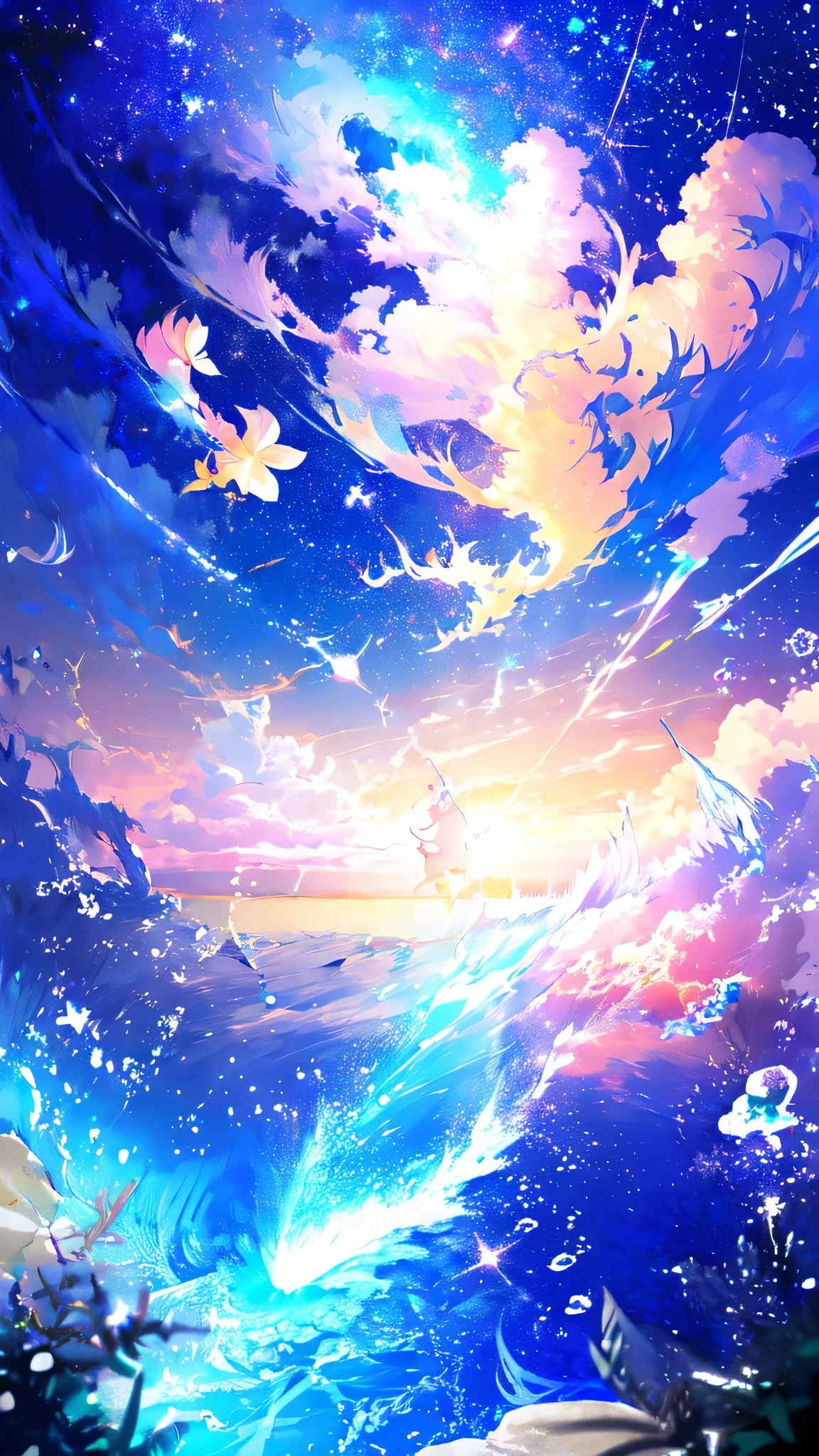 -scenery, 1girl, sky, Star (sky), Highest Resolution、bell、Sunlight from above, Morning, solo,Fine starry sky、 nezuko、city lights, Starry sky, Fine bubbles、night sky, bubble, watercraft, outdoors, short hair, ocean, Big cloud,coloured glaze,