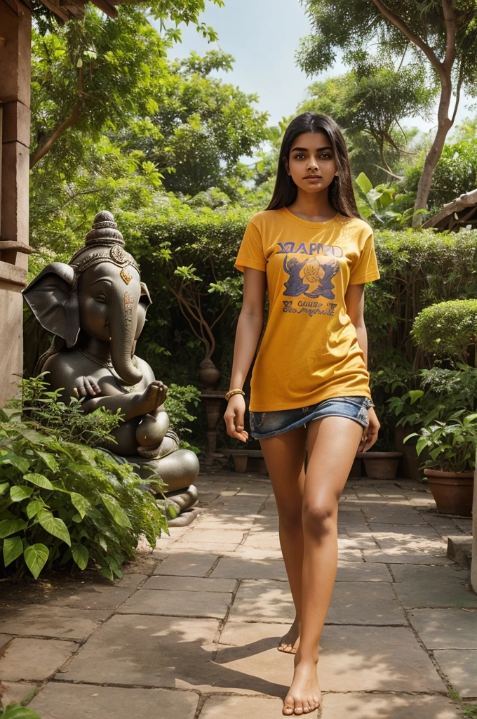 20 year old girl walking and holding hand with Lord Ganesha, girl is bare feet wearing saffron T-shirt with name" xaz_25 written boldly, environment is gorgeous, background is garden, both are in focus, ultra clear, hyper detailed Image, Ganesh ji and girl looking ahead and both are of same height