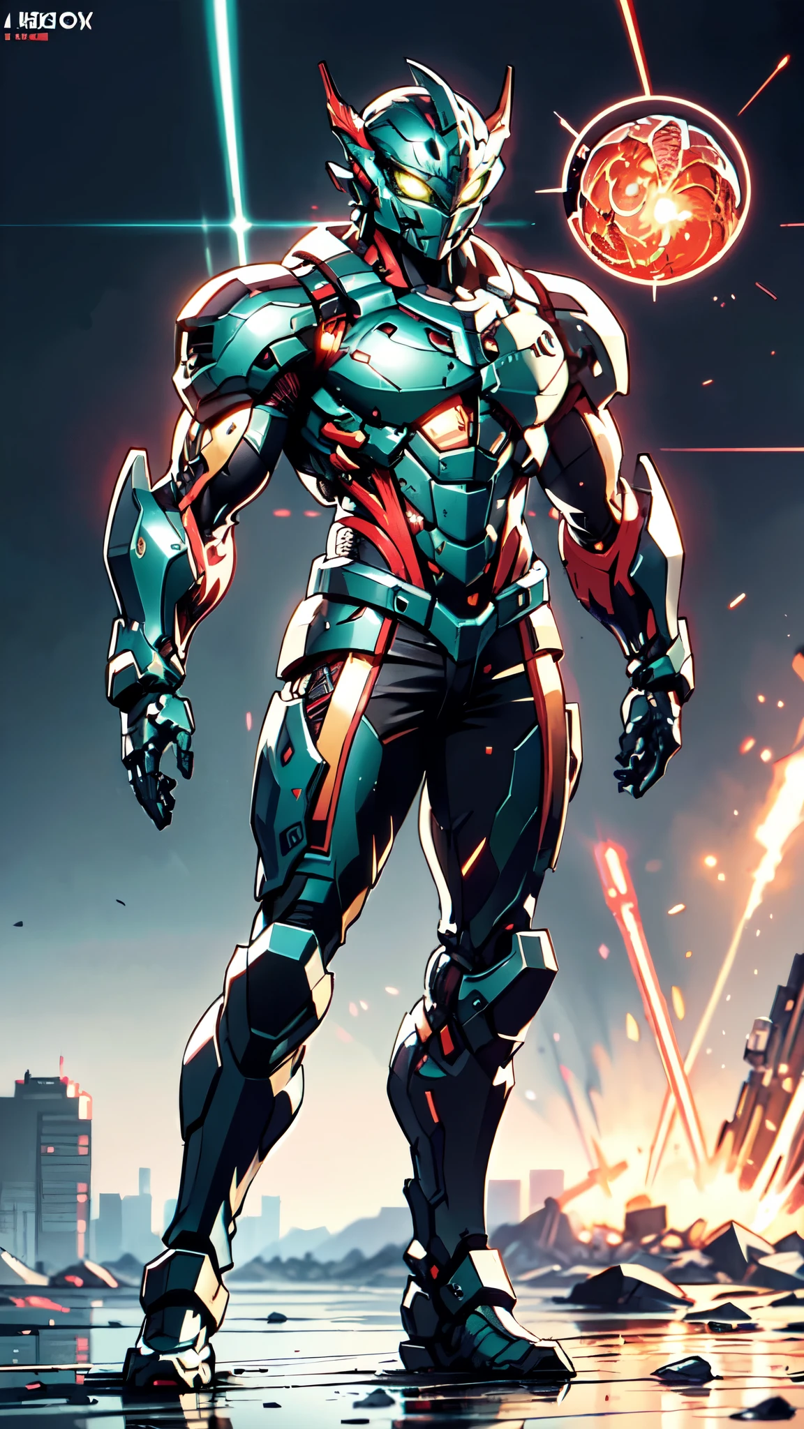 A man wearing a full-face helmet, a fantasy-style biotech armored combat suit, green eyes, (a composite layered chest armor), fully enclosed shoulder guards, matching arm and leg guards, the belt is adorned with dragon claw grasping orbs, (the color scheme is primarily black with red accents), the design balances heavy with agility, a high-tech bio-mecha armor, (Armor Concept Inspired by Dragons, stand on the top of a skyscraper in a futuristic sci-fi city), this character embodies a finely crafted fantasy-surreal style armored hero in anime style, exquisite and mature manga art style, (element, plasma, energy, the armor glows), ((male:1.5)), metallic, real texture material, dramatic, high definition, best quality, highres, ultra-detailed, ultra-fine painting, extremely delicate, professional, perfect body proportions, golden ratio, anatomically correct, symmetrical face, extremely detailed eyes and face, high quality eyes, creativity, RAW photo, UHD, 32k, Natural light, cinematic lighting, masterpiece-anatomy-perfect, masterpiece:1.5