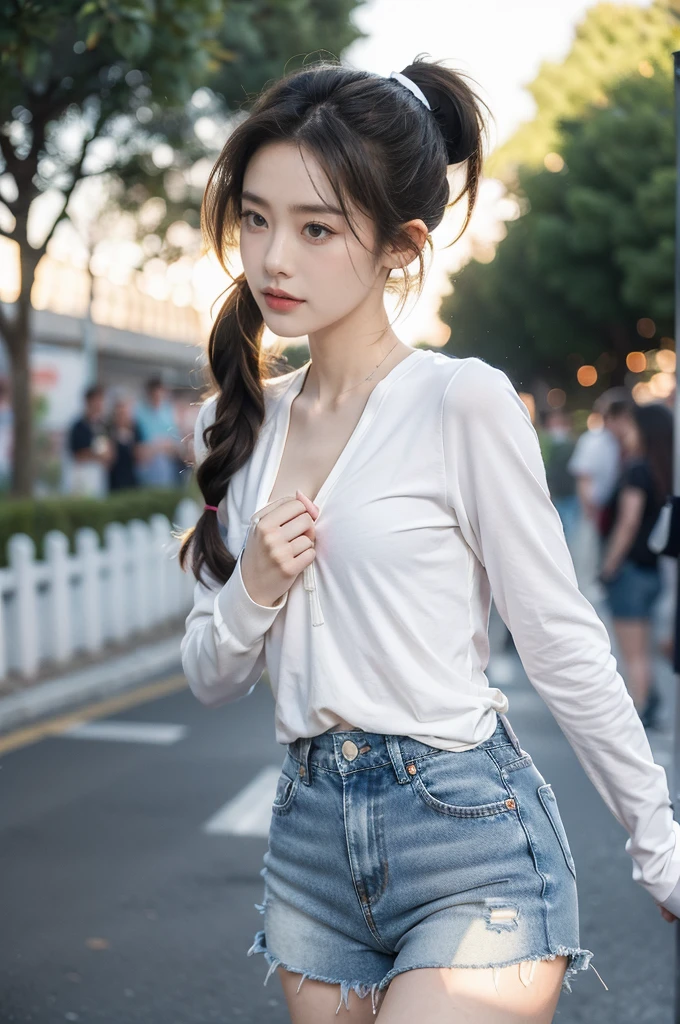 (((best quality))),(((ultra detailed))),(((masterpiece))),illustration,((1 beautiful girl,solo)),((slim,thin)),((small breasts,flat chest)), outside school gate, summer twilight, sunlight,(short ponytail:1.3),(claviclies,cleavage),((white long-sleeved shirt)),((denim shorts)),animated face, excited eyes, sounds of laughter, chatter, excitement of summer vacation, air filled with energy, school gate golden glow, symbol of end of academic year, schoolyard transformed, reunion, farewells, embracing setting sun, face illuminated, moment captured, fleeting instant, essence of summer, carefree spirit, youthful exuberance, embodiment of season, sun dips, rosy glow, joy of living,promise of adventures,((standing,from front,upper body)),(surrounded by crowded crowds:1.3)