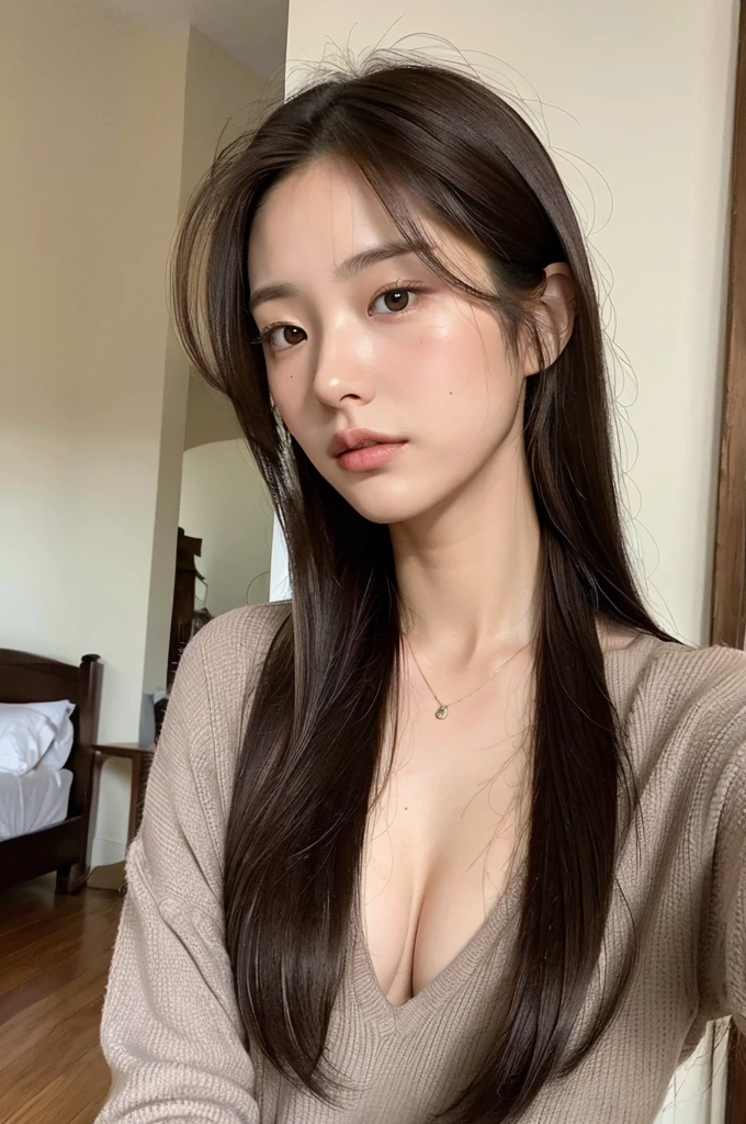 (Highly realistic photos, High resolution, Detailed face, Fine grain), ((Shooting in the room))、Japanese women, 20-year-old, A variety of expressions, alone:1, Slim figure, Various hairstyles, Casual clothing, 写真の中でalone、Selfie、Photographed in natural light、Simple Necklace、Spring Clothes、Looking at the camera、profile、Dark brown hair color、The chest is visible