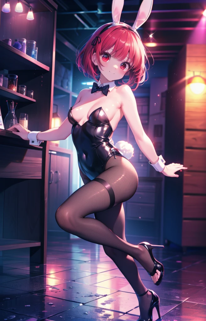 Arima Kana, (Red eyes:1.5), Bob Hair,smile,Redhead,Small breasts,(Bunny girl:1.5),(Black Playboy Bunny:1.0),Bunny ears headband,Fishnet tights,Stiletto heels,Peeking from below,whole bodyがイラストに入るように
break looking at viewer,whole body,
break indoors, stage,
break (masterpiece:1.2), Highest quality, High resolution, unity 8k wallpaper, (shape:0.8), (Beautiful and beautiful eyes:1.6), Highly detailed face, Perfect lighting, Extremely detailed CG, (Perfect hands, Perfect Anatomy),