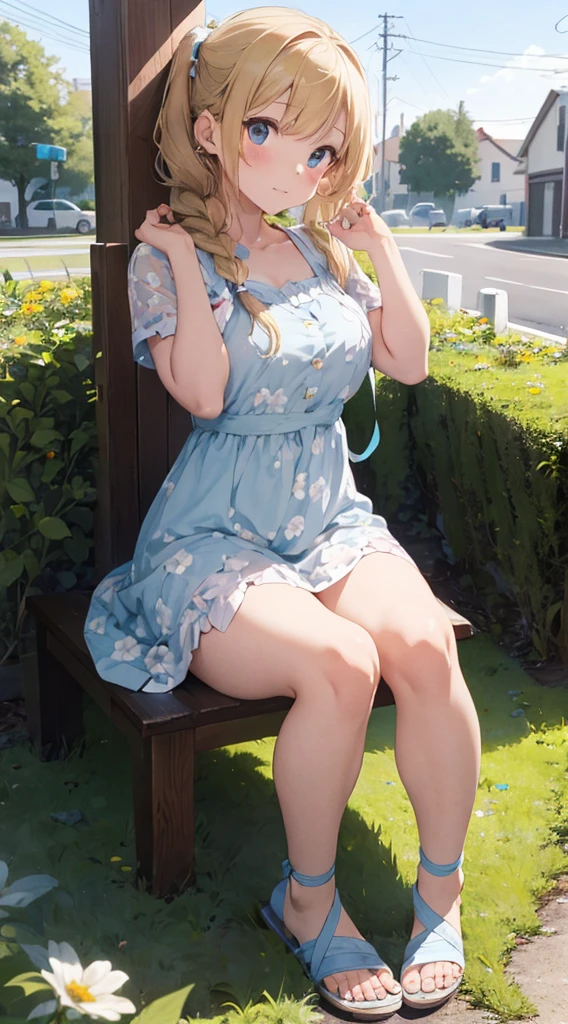 high-definition image, eyes realistic sizing, realistic skin, drooping eyes, surprised face, unbuttoned various patterned feminine casual dress, spread legs, luxurious panties, in the park, lie on the grass, aerial angle, pond, skyscrapers, blond, braid,