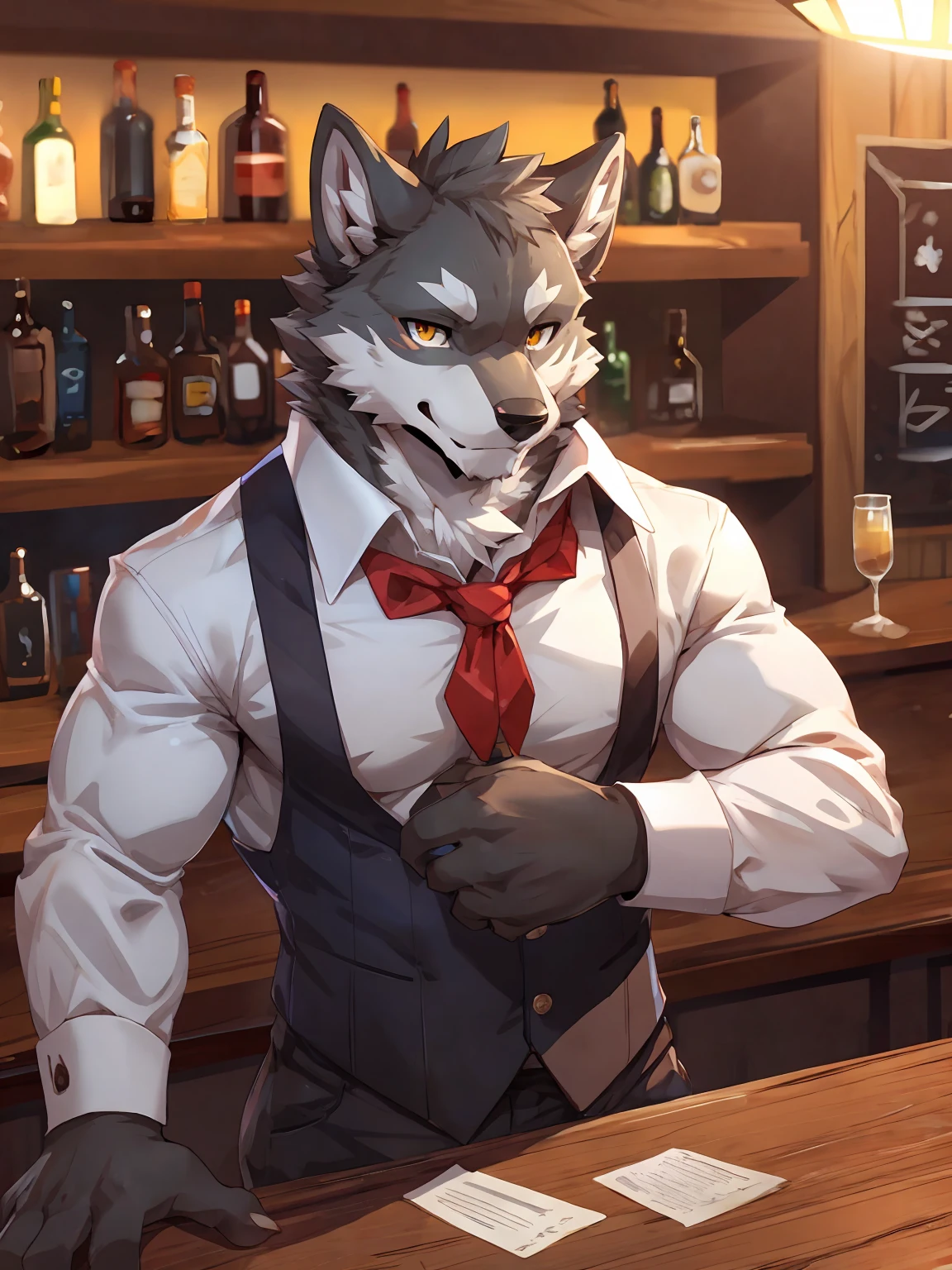embedding:Gray wolf,Golden Eyes,Single Person,Bar,Bartender.a scar on the face.Gray fur,Soft Light,Bar counter,ease,Bartender's uniform,An ear with one corner missing,Adult male,Handsome,Smart,Best quality hands, best quality eye,detailed fur,Delicate eyes.Extreme picture quality,by sollyz,by zixiong,by null_ghost