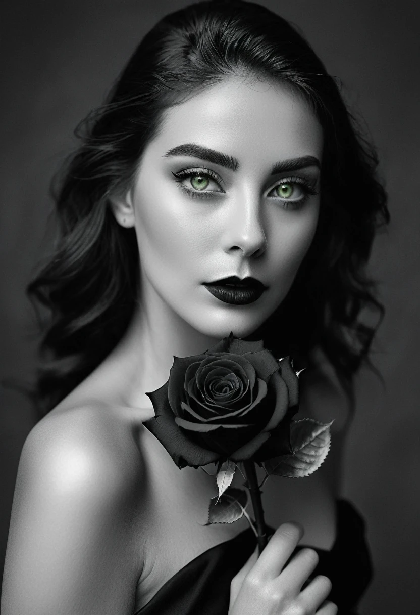 black and white, a woman with  green eyes, flawless skin, half body shot, holding a black rose, whimsical photography style, captured with an Arriflex 35BL camera using Canon K25 prime lenses, cinematic, dramatic lighting, ultra clear, breathtaking surreal masterpiece.