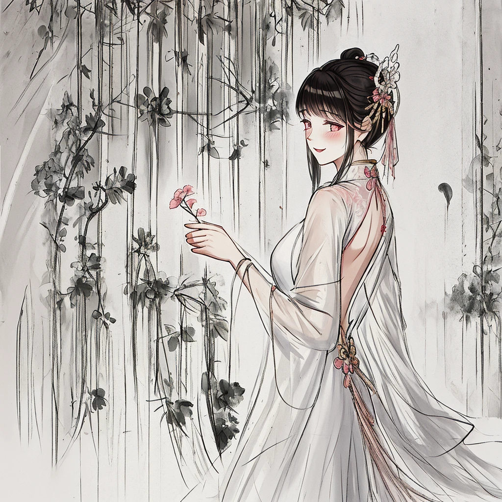 masterpiece,best quality,Extremely detailed,Extremely delicate and beautiful,girl,blush,dress, Elongated hair,Back,A smile,antiquity,sketch