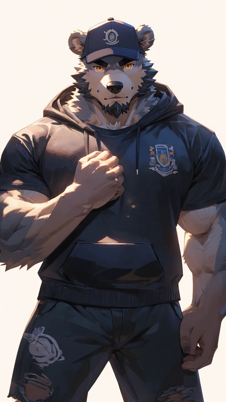 (masterpiece:1.2), best quality,pixiv,official art,perfect anatomy, (Ray tracing, light),solo, (1_male:1.3) , (muscle), (grey fur:1.4), (muscle bear), (beard:1.2), (gleaming golden eyes), bear tail, full body, Thick black eyebrows, baseball cap, (open short hoodie), (naked inside),Ripped short jeans, black short boots, (pure white background: 1.3), (front view:1.3), character design