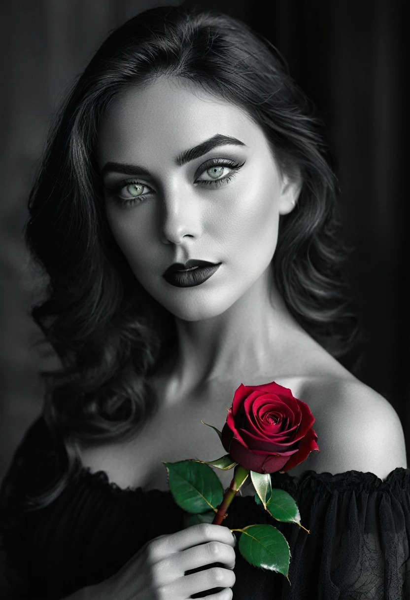 black and white, a woman with  green eyes, flawless skin, half body shot, holding a dark red rose, whimsical photography style, captured with an Arriflex 35BL camera using Canon K25 prime lenses, cinematic, dramatic lighting, ultra clear, breathtaking surreal masterpiece.