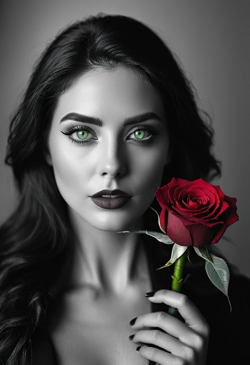 black and white, a woman with green eyes, flawless skin, half body shot, holding a dark red rose, whimsical photography style, captured with an Arriflex 35BL camera using Canon K25 prime lenses, cinematic, dramatic lighting, ultra clear, breathtaking surreal masterpiece.