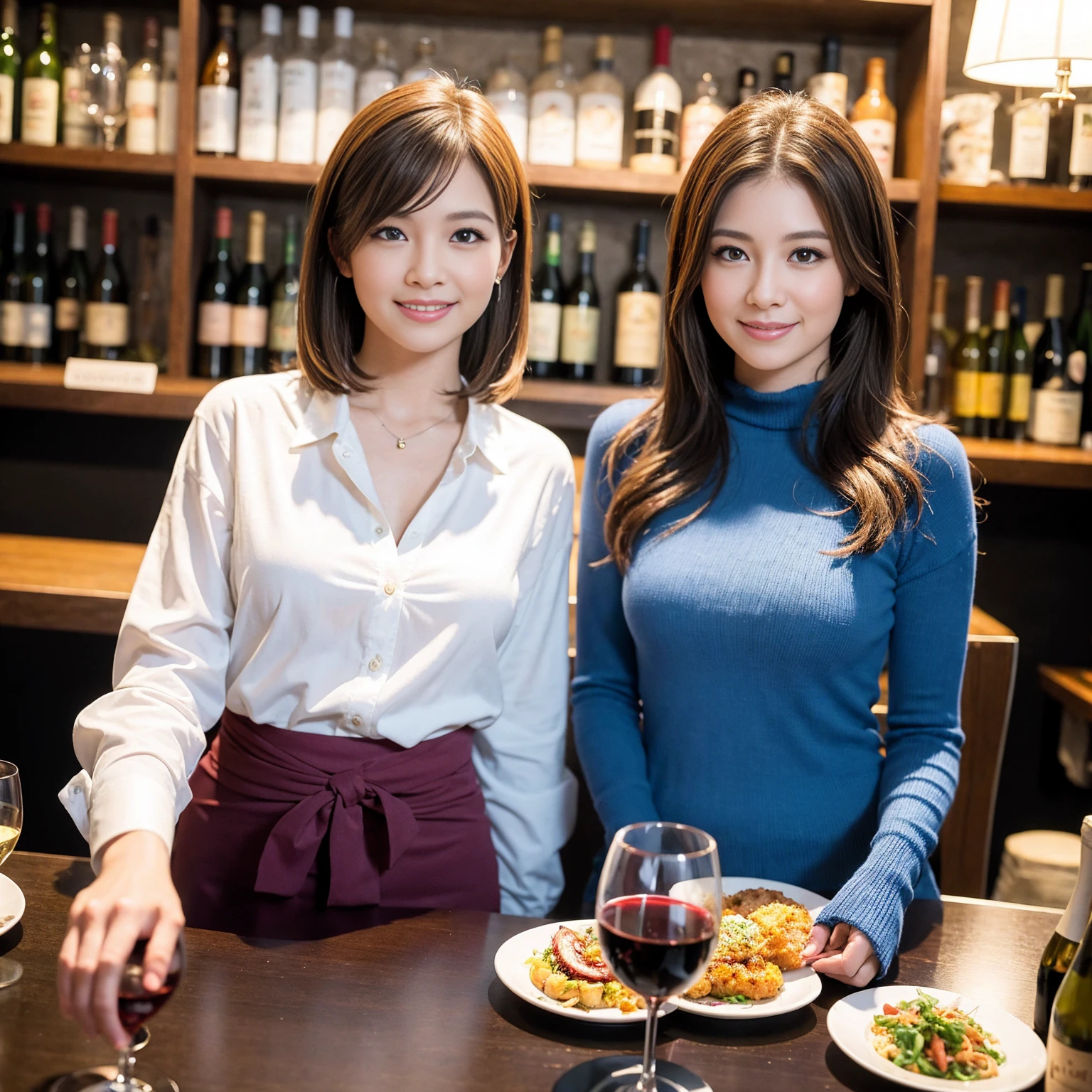 ((Highest quality、8K、masterpiece:1.3))、Yuuko Araki、slimカップル、Pink rubber、modelカップル、(Realistic, Intricate details:1.2), full-course dinner、Wine Party、Amazing view of the sunset sky and clouds、A bright smile、The wonderfulness of smile、Bright image、The beauty of wine, Beautiful Face, blue eyes, The light shines on your face, Blushing, short hair,Bright Face、 (Age 37), 39 years old, red wine 、Appetizers、Italian food、Wine bottle、Champagne、sparkling wine、Two beauties、Brown Hair、Shortcuts、Long sleeve shirt、dress、Beautiful woman 1, (slimな顔), (The body is slim), (Brown Hair), (Shortcuts), cheeks turn a little red,Attractive beauty、restaurant, In a prominent place (From the waist up) Nova Frog Style, actress, model, Upper Body, White wine, slim, wine glass, 中央に置かれたwine glass, smile, (smile: 1.15), Beautiful fine grain, Depth f/2,saturation, High Contrast, Strong light and shadow,Moist Body:1.5、3D texture、Delicate eyes、Brown Hair、The hair is very shiny、