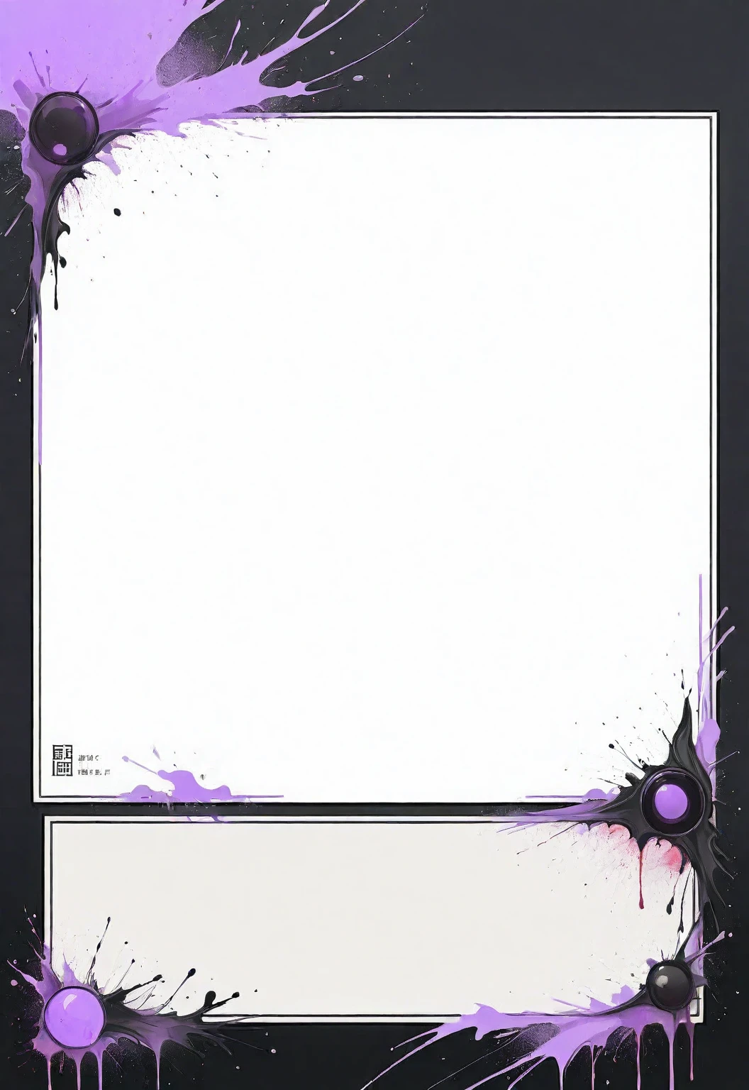 A card border UI,Modern urban minimalist style,Suspense style,Profile Style。Leave a square blank space in the middle,Parchment backing,There are blood stains on it。Black and White、yellowish、Lilac main color。