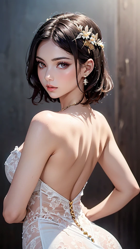 1girl, solo, (photorealistic:1.4), very delicate and beautiful, (top quality:1.4), (high detailed skin:1.4), glowing eyes, goddess, shiny skin, Beautiful detailed face, real skin texture, expressive eyes, luscious lips, glossy lips, natural makeup, golden short hair, purple eyes, partially clad in a gorgeous (red:1.3) lace wedding dress, suggestive gaze, elegant and attractive posture, upper body shot, (from below:1 .4),(white back ground:1.4)