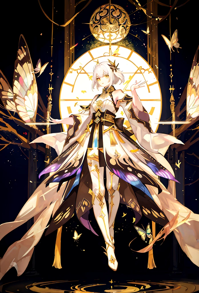 A white-haired boy, dressed in emperor's clothes, is looking at a dancing girl in love, surrounded by butterflies, yellow eyes, shimmering blurry image, super bright picture, magical shimmering colors. , blur effect, panorama from afar