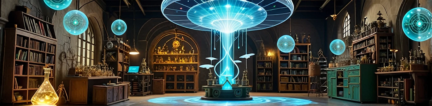Techno-mage's laboratory":
"Depict a fantastic laboratory where scientific instruments coexist with magical artifacts. In the foreground, a maker-wizard creating a holographic projection of an NFT artifact. Around him, miniature drones resembling fairies are flying. In the background, a large 3D printer is printing a magical staff. The walls are adorned with glowing runes and screens displaying code.