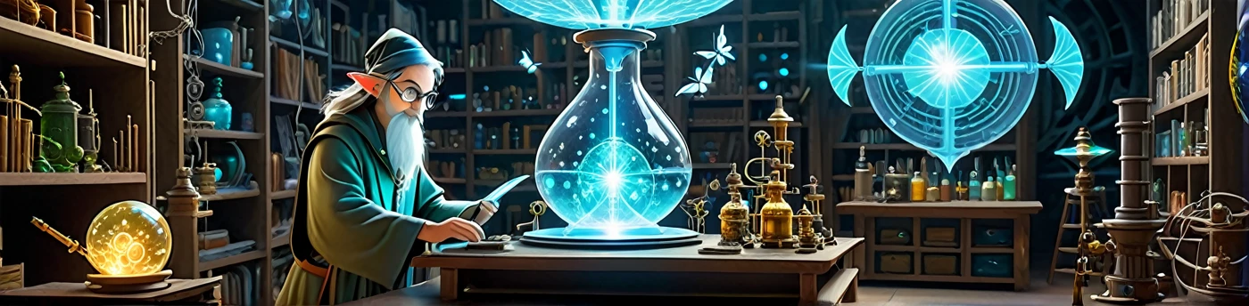 Techno-mage's laboratory":
"Depict a fantastic laboratory where scientific instruments coexist with magical artifacts. In the foreground, a maker-wizard creating a holographic projection of an NFT artifact. Around him, miniature drones resembling fairies are flying. In the background, a large 3D printer is printing a magical staff. The walls are adorned with glowing runes and screens displaying code.