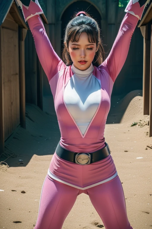 pink theme,pink ranger suit、curvy, big breats, full body, tied on Saint Andrew's cross in X position, screaming in pain, crying, eyes are closed tight