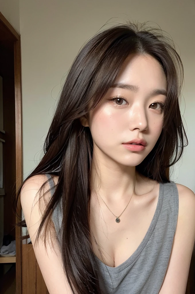 (Highly realistic photos, High resolution, Detailed face, Fine grain), ((Shooting in the room))、Japanese women, 20-year-old, A variety of expressions, alone:1, Slim figure, Various hairstyles, Casual clothing, 写真の中でalone、Selfie、Photographed in natural light、Simple Necklace、Spring Clothes、Looking at the camera、profile、Dark brown hair color、The chest is visible