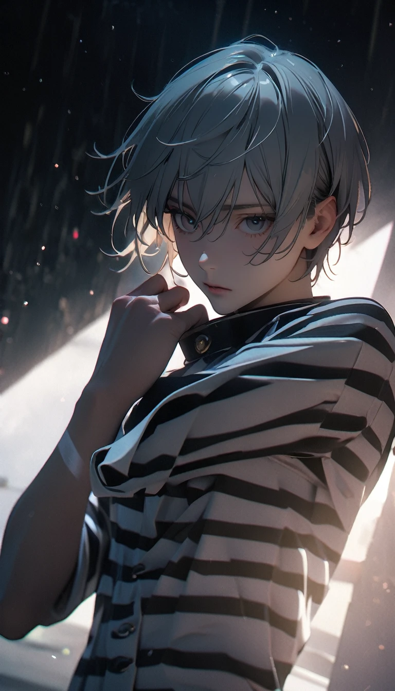 (8K, RAW photos, best quality, masterpiece: 1.4), (((Boy looking at his arm))),Ultra-high resolution, Extremely detailed, light, Upper body close-up, handsome boy, black eyes, (delicate eyes, Eyes are bright:1.2), Gray short hair, Fair skin,dark, Black and white striped prison uniform,Black and white striped prison pants,(perfect anatomy:1.2), High-quality shadows, Natural Lighting, (White highlights:1.2), night, cloudy day, (Dark room:1.2), (White lines on arms:1.2)