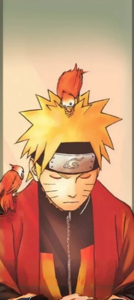 Naruto Uzumaki during his training for Hermit Mode. He is in a Buddhist posture. He wears a red cape with black details., open in front to reveal a black shirt underneath. Two toads are on his shoulders, suggesting it could be Naruto during his training for Hermit Mode. a closeup of a person with a bird on his head, naruto art style, Naruto Uzumaki, Naruto Uzumaki costume sage mode is a funny charismatic character he wears an original costume and a red cape he is meditating with his hands bumping two fists and raw legs sitting he is wearing black sandals Nine tails, Ryuu, cheered up style”, itachi uchiha, cheered up!!!!, arte the fan, cheered up!!! Naruto Uzumaki expands original clothing and background