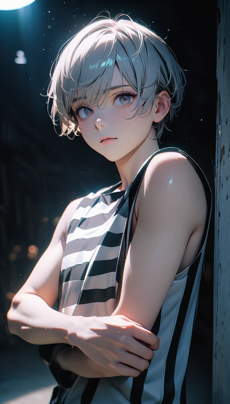 (8K, RAW photos, best quality, masterpiece: 1.4), (((Boy looking at his arm)))，Ultra-high resolution, Extremely detailed, light, Upper body close-up, handsome boy, black eyes, (delicate eyes, Eyes are bright:1.2), Gray short hair, Fair skin,dark, Black and white striped prison uniform,Black and white striped prison pants,(perfect anatomy:1.2), High-quality shadows, Natural Lighting, (White highlights:1.2), night, cloudy day, (Dark room:1.2), (White lines on arms:1.2)