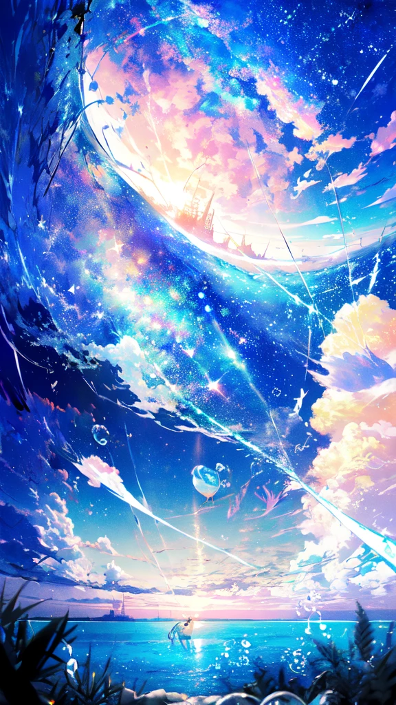 -scenery, 1girl, sky, Star (sky), Highest Resolution、bell、Sunlight from above, Morning, solo,Fine starry sky、balloon、city lights, Starry sky, Fine bubbles、night sky, bubble, watercraft, outdoors, short hair, ocean, Big cloud,coloured glaze,