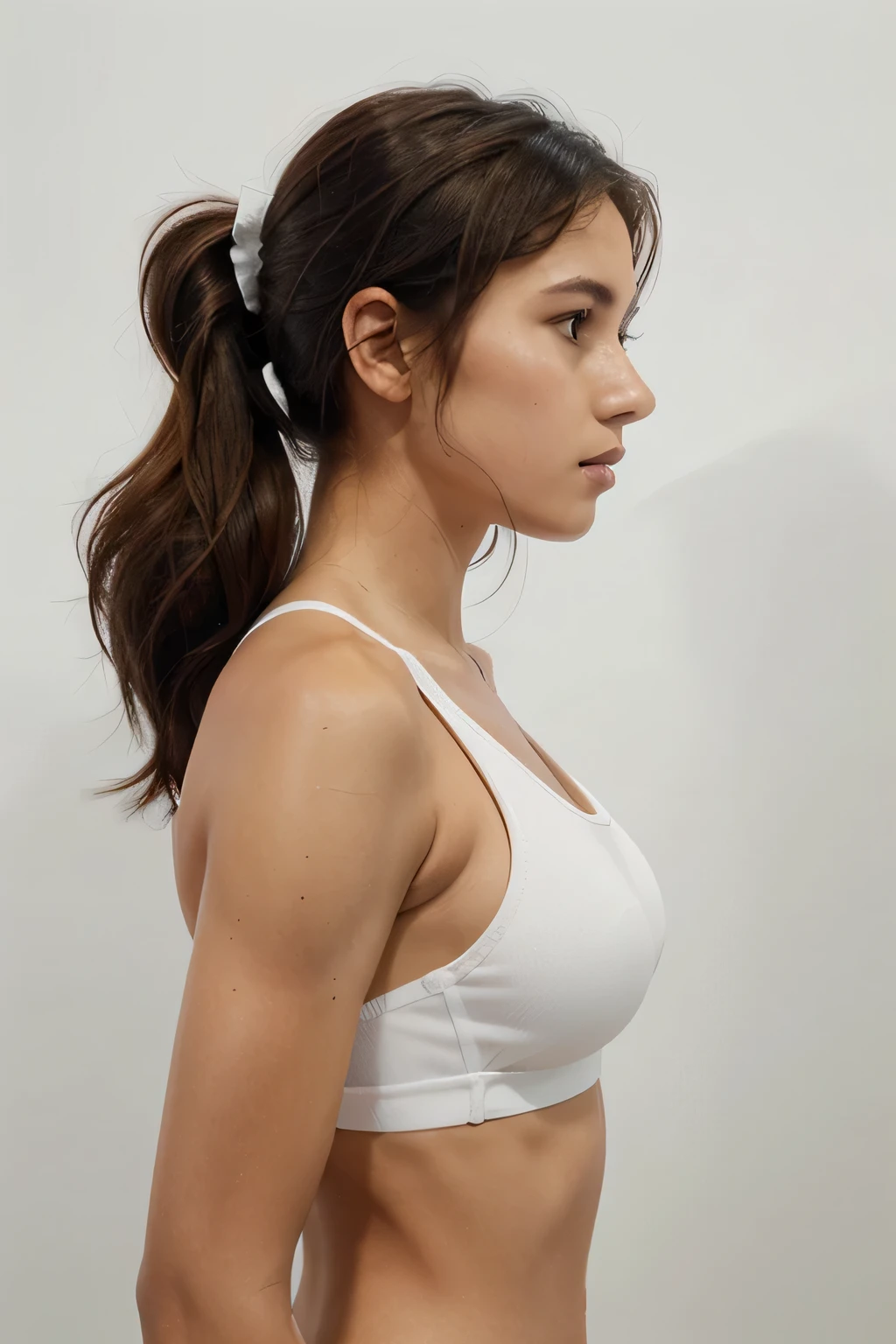 Solo , beautiful women, black brown hairs, standing straight, white skin , fair skin, clear skin, looking at viewer, wearing white sports bra, side profiles, looking at left , left side profile face , good lighting,white wall background