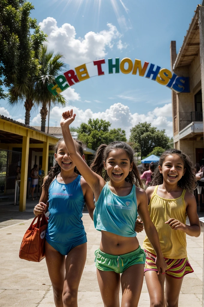 italy. Create a highly realistic scene of a  Italian girl surrounded by younger children as they enter a water sports center on a sunny day. The group heads towards the entrance, full of excitement and anticipation.

 The 13-year-oldirlnds ahe head of the group, leading them with a cheerful and cheerful attitude. She has shoulder-length brown hair tied in a ponytail and is wearing a bright t-shirt and athletic shorts. Her eyes are wide with excitement as she points to the entrance, encouraging the children to follow her.
 The children, aged between 5 and 10, are a mix of boyand girls, all dressed in colorful swimsuits. Their outfits vary in hue, creating a vibrant and dynamic color palette. The children laugh, chat and some enthusiastically point towards the impressive water slides visible in the distance.

The backdrop shows the lively entrance to the water sports centre, with tall, twisting water slides, splash pads and play areas. The entrance is lively, with other visitors and families making their way into the park, adding to the sense of excitement. Banners and signs welcoming guests to the water park help create a festive atmosphere. Bright sunlight illuminates the scene, casting shadows and highlighting the vibrant colors of their clothing and the features of the park.

The scene captures the joyous moment of arrival, with the girl at the forefront leading her group on the adventure, while the younger children express joy and anticipation for the fun that awaits them.