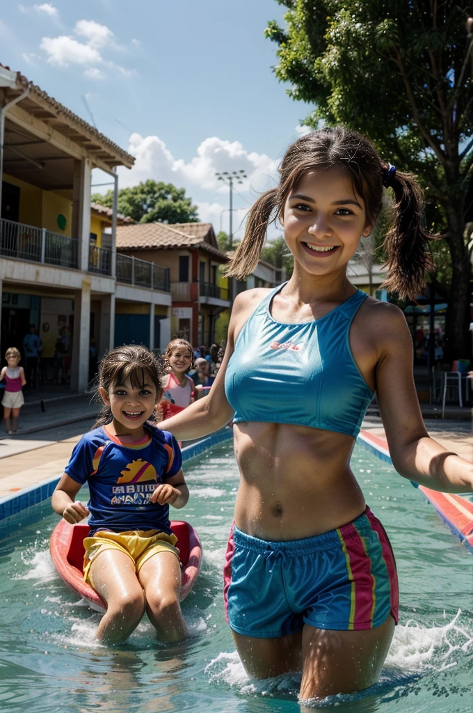 italy. Create a highly realistic scene of a Italian girl surrounded by younger children as they enter a water sports center on a sunny day. The group heads towards the entrance, full of excitement and anticipation.
The 13-year-oldirlnds ahe head of the group, leading them with a cheerful and cheerful attitude. She has shoulder-length brown hair tied in a ponytail and is wearing a bright t-shirt and athletic shorts. Her eyes are wide with excitement as she points to the entrance, encouraging the children to follow her.
The children, aged between 5 and 10, are a mix of boyand girls, all dressed in colorful swimsuits. Their outfits vary in hue, creating a vibrant and dynamic color palette. The children laugh, chat and some enthusiastically point towards the impressive water slides visible in the distance.
The backdrop shows the lively entrance to the water sports centre, with tall, twisting water slides, splash pads and play areas. The entrance is lively, with other visitors and families making their way into the park, adding to the sense of excitement. Banners and signs welcoming guests to the water park help create a festive atmosphere. Bright sunlight illuminates the scene, casting shadows and highlighting the vibrant colors of their clothing and the features of the park.
The scene captures the joyous moment of arrival, with the girl at the forefront leading her group on the adventure, while the younger children express joy and anticipation for the fun that awaits them.